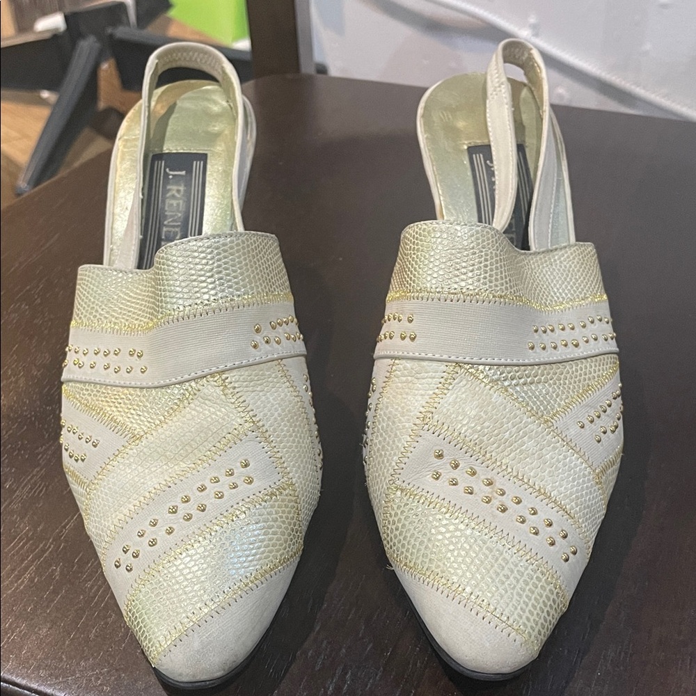J Renee Cream and Gold Textured Mules